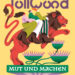 Grafische Zeichnung von Menschen die auf einem Löwen reiten